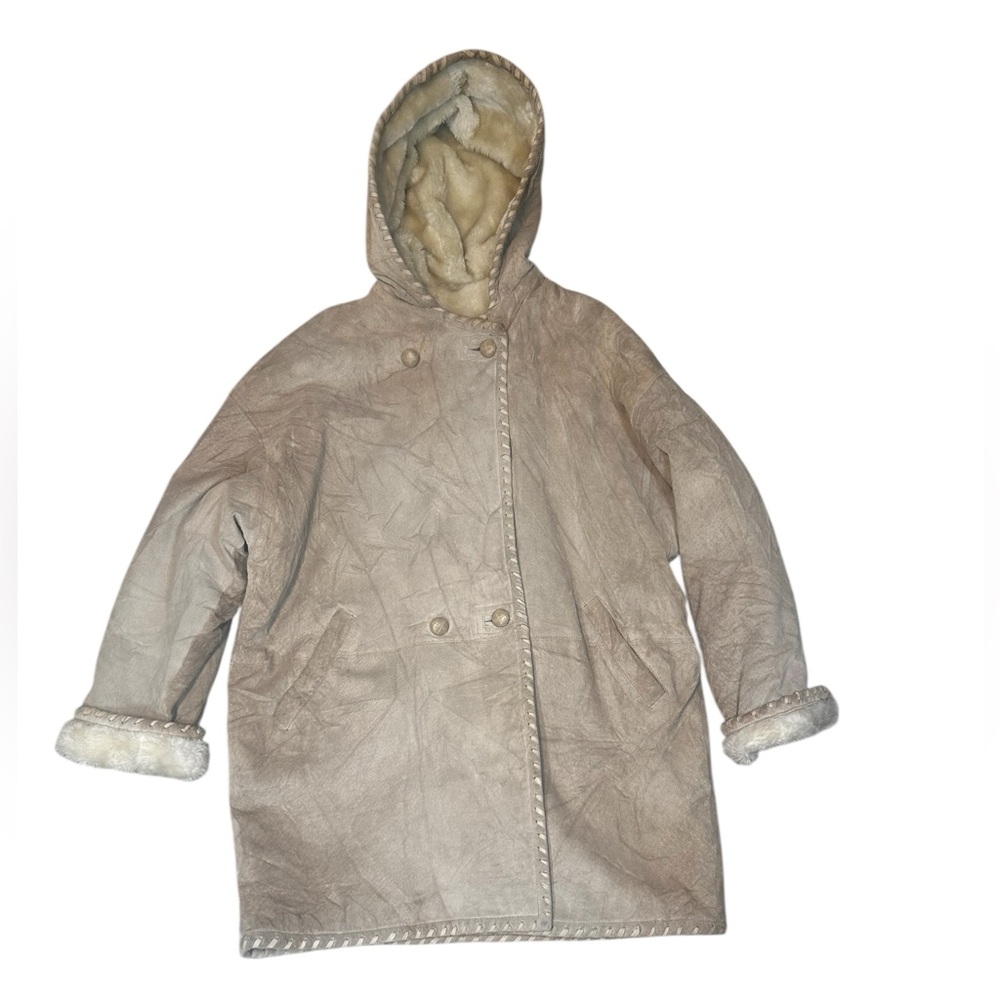 Weathervane suede hooded coat woman size small cozy winter quiet luxury buttons
